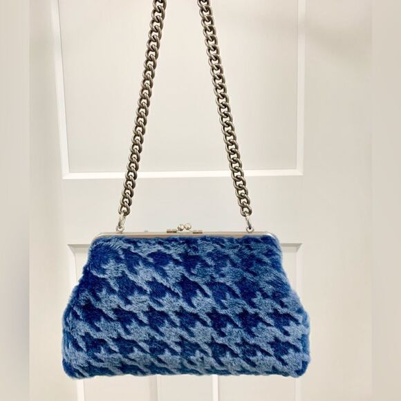Blue Houndstooth Genuine Shearling Leather Kisslock Handbag, Multi Use Style - Picture 2 of 16